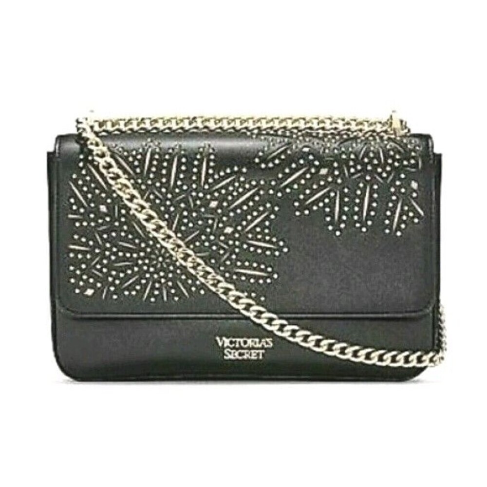 Victoria's Secret Shoulder Bag Bond Street Laser Cut Studs Black Gold Chain New